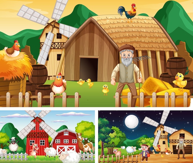 Conjunto de escenas de la granja en diferentes momentos.