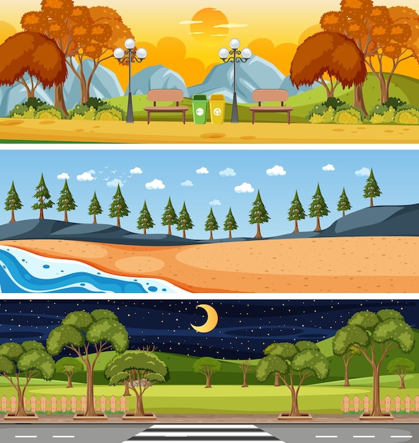 Vector conjunto de escenas horizontales de diferente naturaleza.