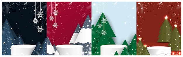Conjunto de escenas navideñas de invierno con podios para exhibición de productos.