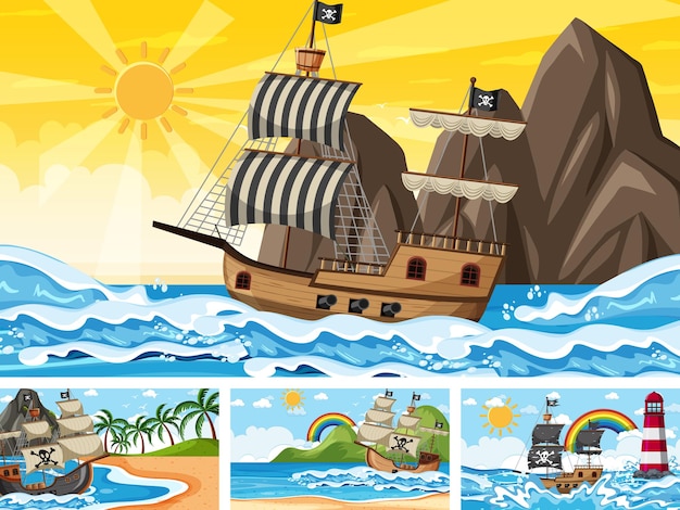 Vector conjunto de escenas oceánicas en diferentes momentos con barco pirata en estilo de dibujos animados