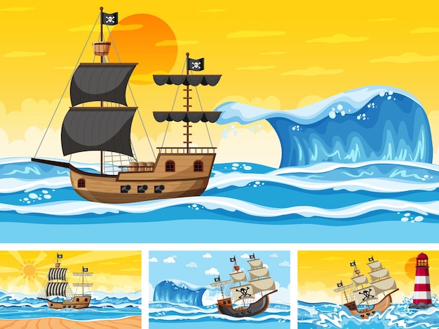 Conjunto de escenas oceánicas en diferentes momentos con barco pirata en estilo de dibujos animados