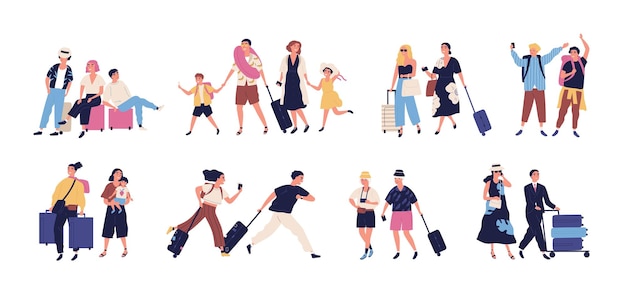 Conjunto de escenas con turistas, gente que va de vacaciones de verano, viaje, viaje. Pareja joven, anciana, familias, niños con equipaje, equipaje en el aeropuerto. Ilustración de vector de dibujos animados plana aislado en blanco.