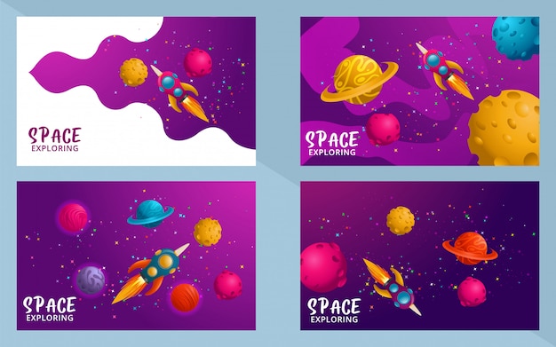 Conjunto de escenas universo. espacio. viaje espacial. diseño. ilustración vectorial