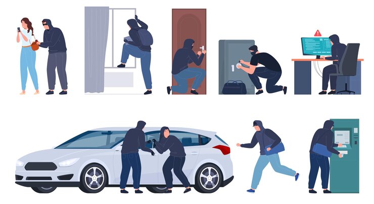Vector un conjunto de escenas con varios ladrones y varios actos delictivos los delincuentes con ropa negra oscura están realizando actividades ilegales ilustración vectorial