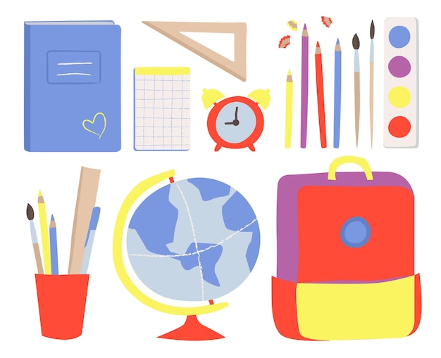 Conjunto escolar y educativo con elementos dibujados a mano sobre fondo blanco Ilustración plana vectorial