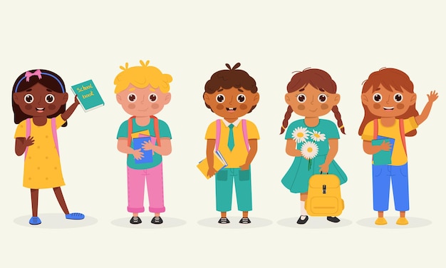 Conjunto de escolares con útiles escolares niños con mochila y libro personajes de dibujos animados coloridos