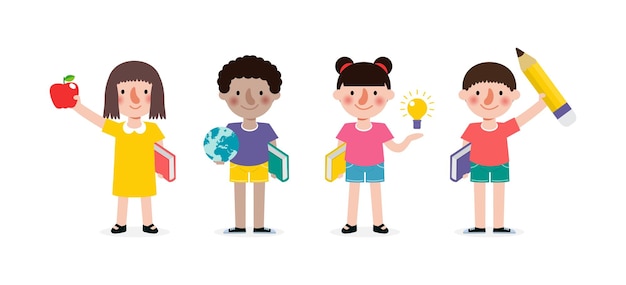 Vector conjunto de escolares con útiles escolares preescolares niños adolescentes personajes en estilo plano