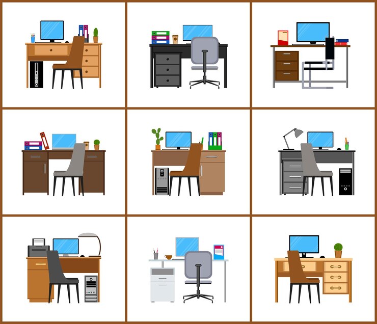 Vector conjunto de escritorio. aislado sobre fondo blanco. mesas y sillas.