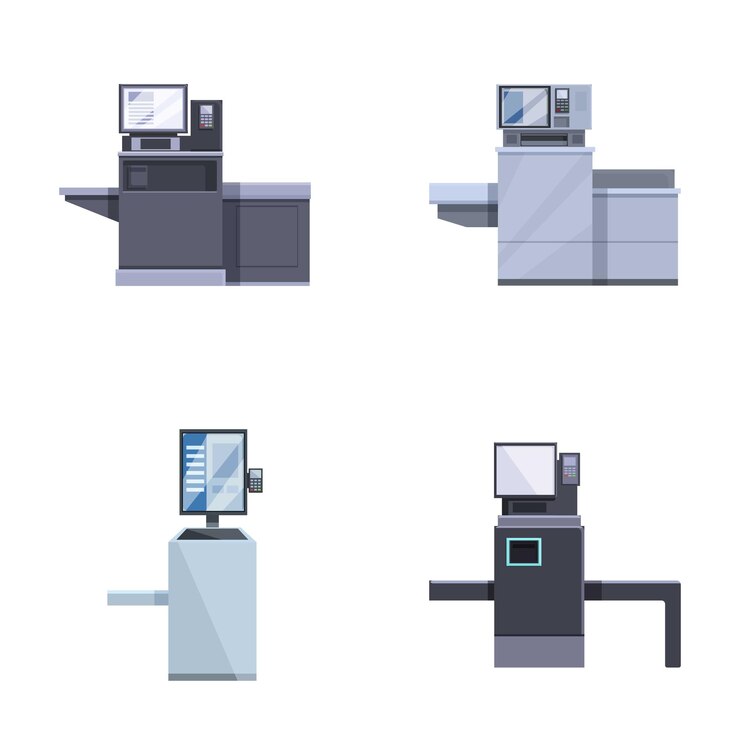 Conjunto de escritorios de oficina modernos con computadoras