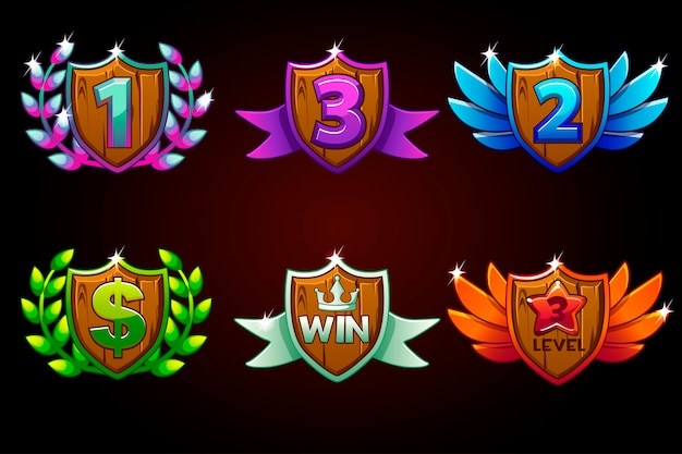 Conjunto de escudo, premios o iconos. Premios 1er, 2do, 3er lugar. Para juegos, interfaz de usuario, banner, aplicación, interfaz, tragamonedas, desarrollo de juegos.
