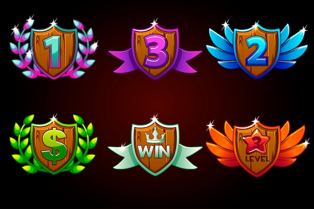 Conjunto de escudo, premios o iconos. premios 1er, 2do, 3er lugar. para juegos, interfaz de usuario, banner, aplicación, interfaz, tragamonedas, desarrollo de juegos.