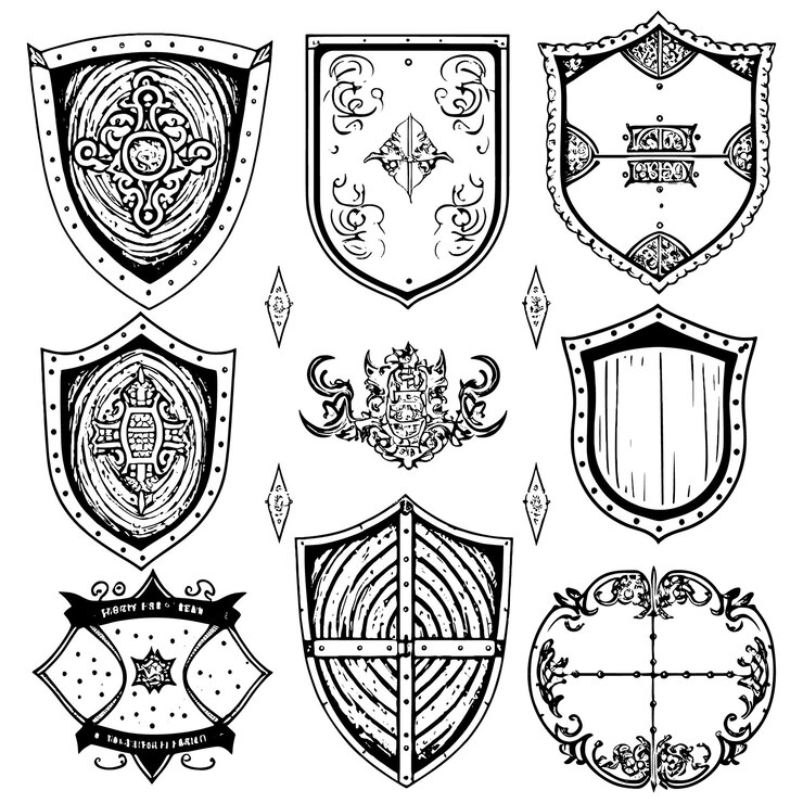 Vector conjunto de escudos medievales dibujados a mano