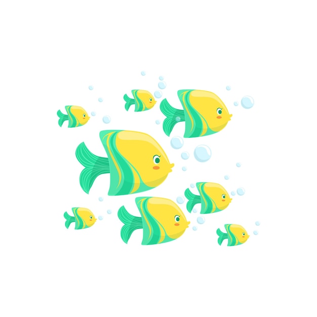 Vector conjunto de escuela de peces tropicales fantásticos verdes y amarillos de animales marinos