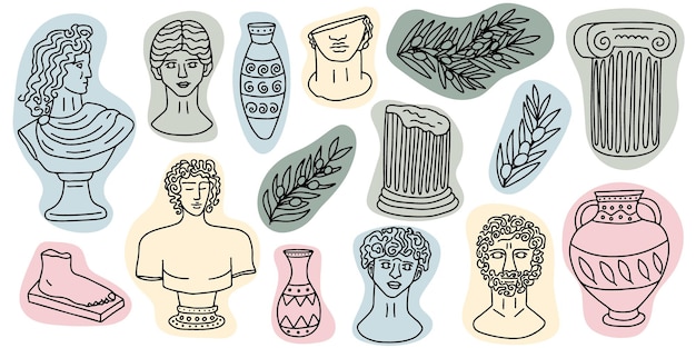 Conjunto de esculturas antiguas griegas vectoriales Varias estatuas antiguas Conjunto vectorial Cabezas cuerpo pie estatua columna
