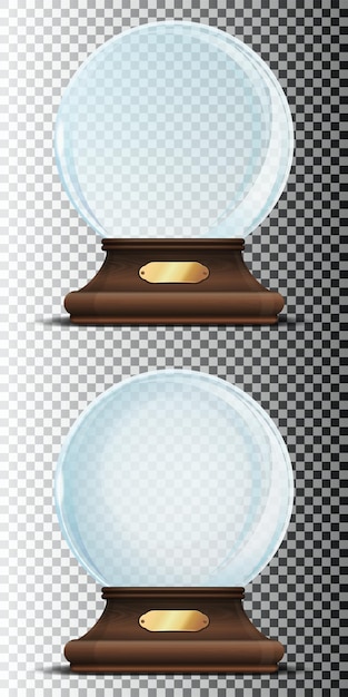 Conjunto de esfera de cristal sobre un elegante soporte de madera con letrero dorado. globo de nieve vacío de navidad aislado en un fondo transparente. cúpula de cristal con resplandores. ilustración vectorial