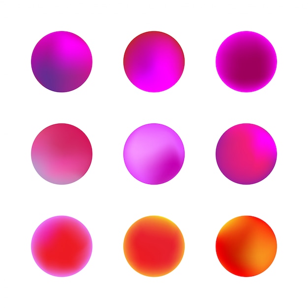 Conjunto de esfera de gradiente holográfico. Gradientes de círculo de neón rosa o violeta. Coloridos botones redondos aislados sobre fondo blanco.
