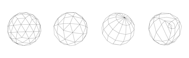 Conjunto de esfera de marco de alambre desde diferentes lados Vector objetos geométricos abstractos 3D Tecnología conexión de red de cadena de bloques