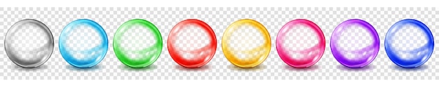 Conjunto de esferas de colores translúcidos con reflejos y sombras sobre fondo transparente. Transparencia solo en formato vectorial