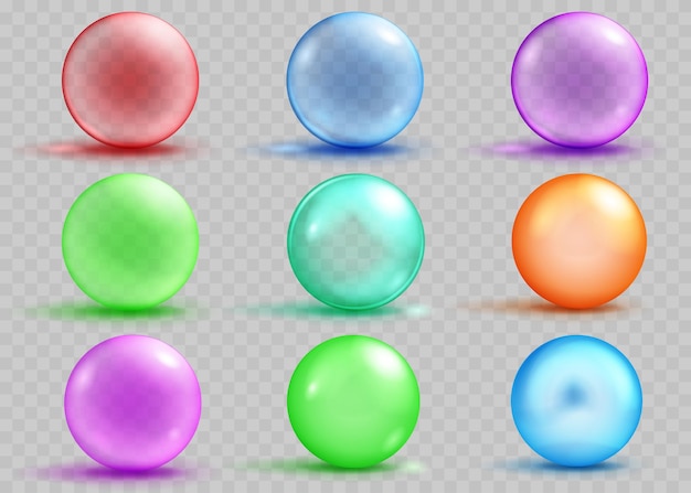 Conjunto de esferas de colores transparentes y opacos con sombras y brillos sobre fondo transparente. Transparencia solo en archivo vectorial