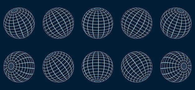 Conjunto de esferas de cuadrícula de globo Alambre 3D Latitud de la Tierra global Longitud Cuadrícula geométrica Malla de cuadrícula redonda de globo