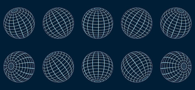 Vector conjunto de esferas de cuadrícula de globo alambre 3d latitud de la tierra global longitud cuadrícula geométrica malla de cuadrícula redonda de globo