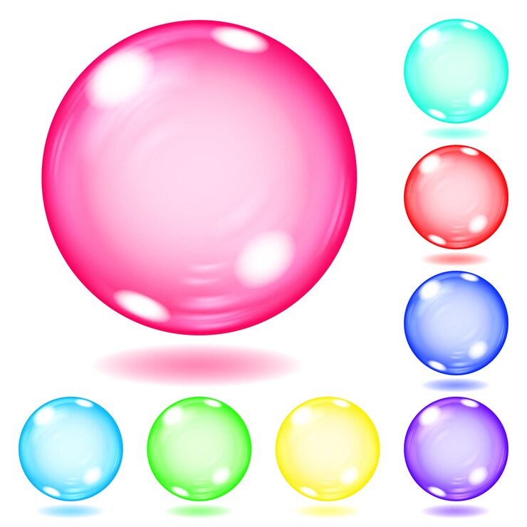 Vector conjunto de esferas opacas de varios colores con reflejos y sombras sobre fondo blanco.