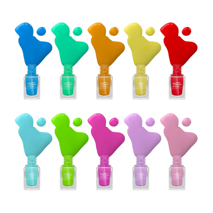 Vector conjunto de esmalte de uñas en la tapa de la botella de vidrio y el color del esmalte de uñas fondo de belleza y cosmética
