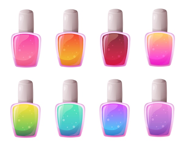 Conjunto de esmaltes de uñas brillantes de diferentes colores sobre un fondo transparente recubrimiento de esmalte de uñas en gel Ilustración vectorial al estilo de dibujos animados Vector llamativo