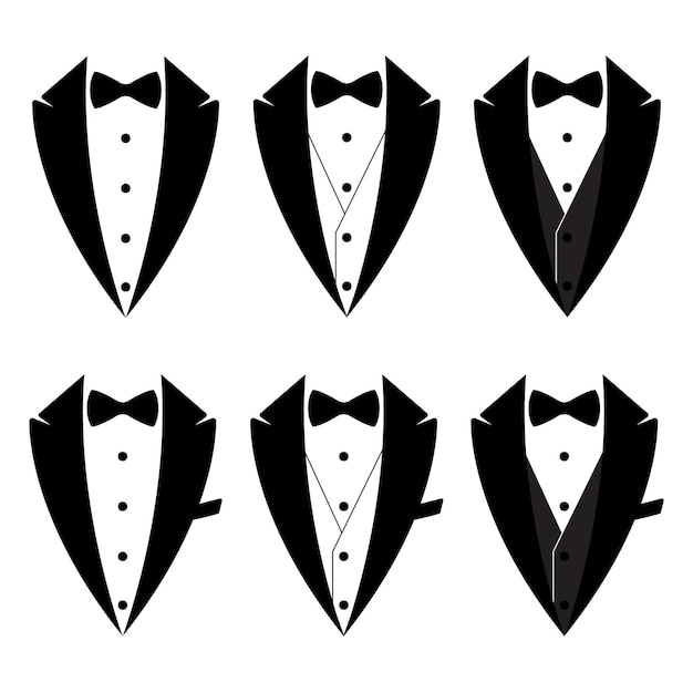 Vector conjunto de esmoquin con pajaritas un símbolo de servicio para los hombres el concepto de un esmoquin con pajarita signo de mayordomo caballero traje de camarero esmoquin del novio ilustración de vector de estilo plano
