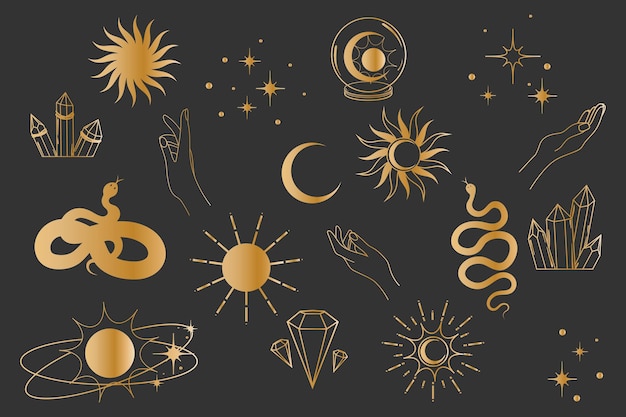 Conjunto esotérico con cristal de serpiente de sol y luna y estrellas símbolo de oro para cosméticos tatuajes de logotipo de joyas