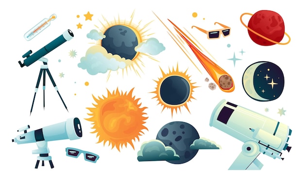 Vector conjunto de espacio y eclipse solar ilustración linda en estilo plano para niños adecuado para la astronomía