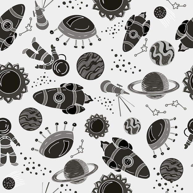 Vector conjunto de espacio ilustración vectorial dibujado a mano imágenes lindas para niños cohete de colores brillantes meteorito