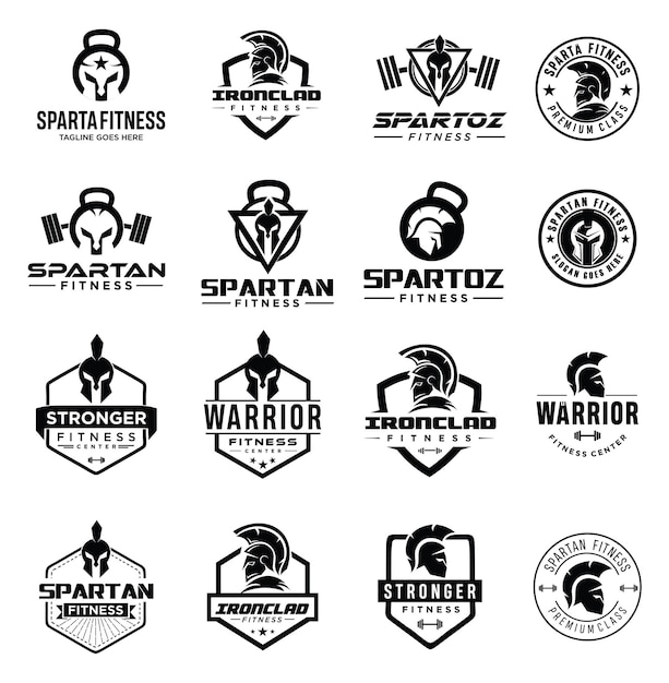 conjunto, de, espartano, condición física, y, gimnasio, logotipo, silueta negra