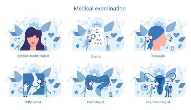 Vector conjunto de especialidades y exámenes médicos. terapeuta y urólogo,