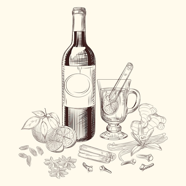 Conjunto de especias y vino caliente con especias cítricos dibujados a mano