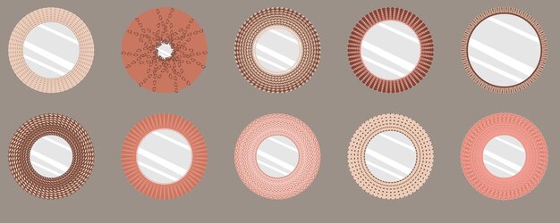 Conjunto de espejos en marcos de ratán dibujos animados vector aislado dibujo a mano