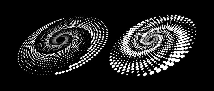 Vector conjunto de espiral de velocidad de medio tono líneas punteadas dinámicas blancas en perspectiva elementos de remolino de puntos radiales