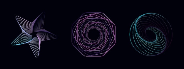Conjunto de espirales retorcidas Geometría sagrada Túnel con líneas en forma de círculo y hexágonos Elemento fractal geométrico vectorial