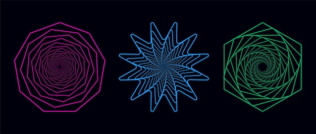 Conjunto de espirales retorcidas Geometría sagrada Túnel con líneas en forma de círculo y hexágonos Elemento fractal geométrico vectorial