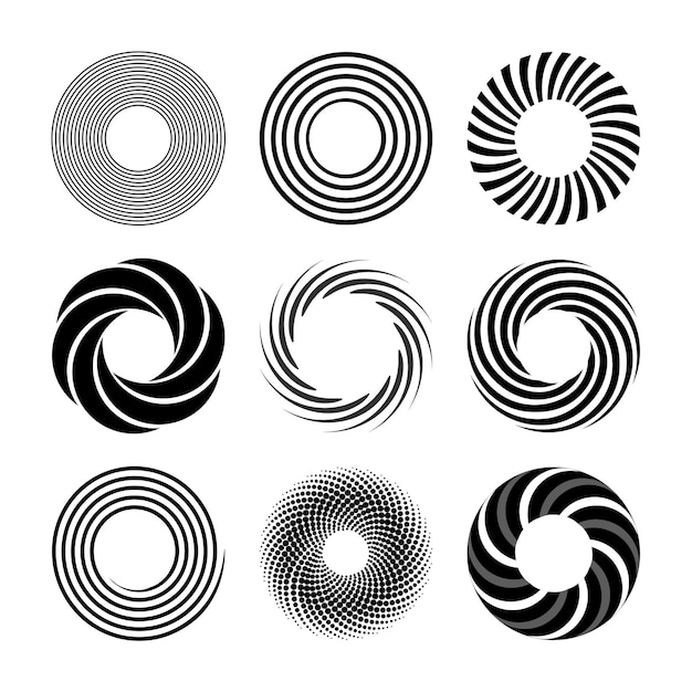 Conjunto de espirales simples círculos abstractos remolino elementos de diseño iconos vectoriales aislados