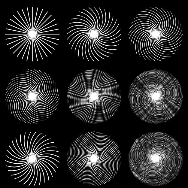 Conjunto de espirales tsunami tornado embudo colección de vectores circulares que irradian formas abstractas