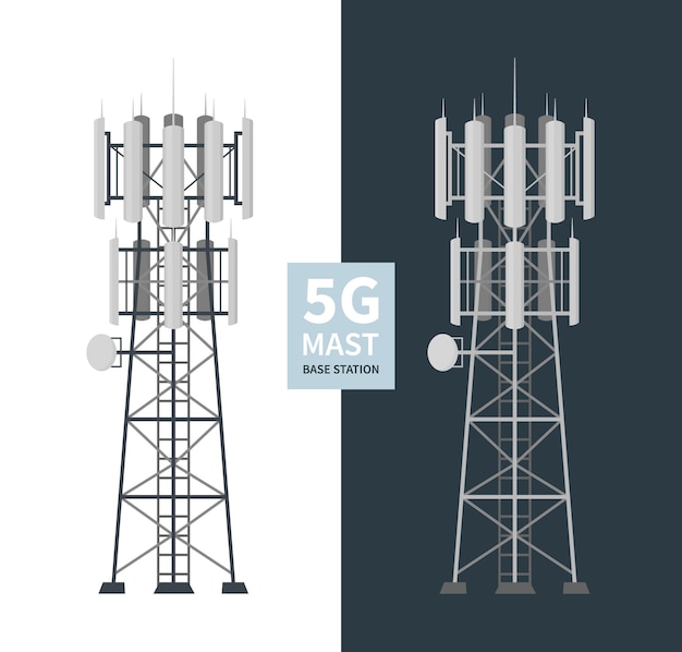 Conjunto de estaciones base de mástil 5G, torres de datos móviles, antenas de telecomunicaciones