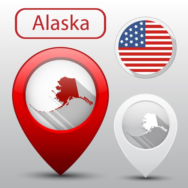 Conjunto del estado de Alaska con puntero de mapa de bandera de América