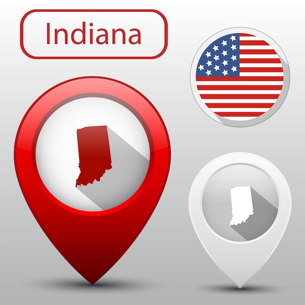 Conjunto del estado de Indiana con bandera de América y puntero de mapa