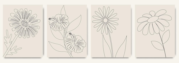Conjunto de estampados de pared vintage de moda con formas de hojas de flores Ilustraciones estéticas modernas