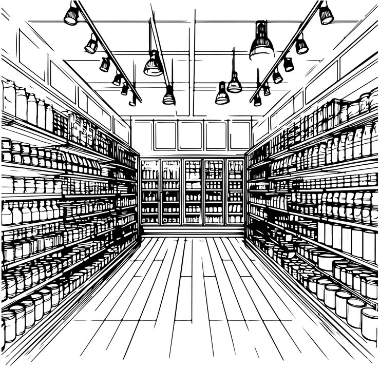 Conjunto de estanterías gráfico blanco y negro boceto aislado comida tienda de comestibles ilustración vector