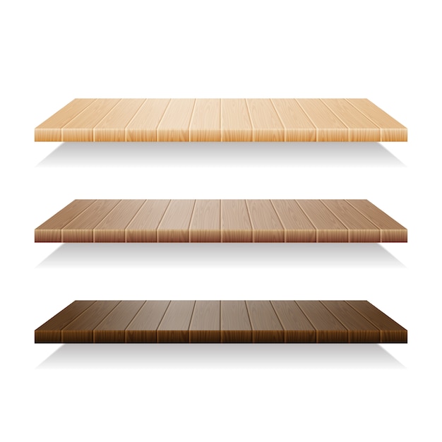 Vector conjunto de estantes de madera sobre fondo blanco