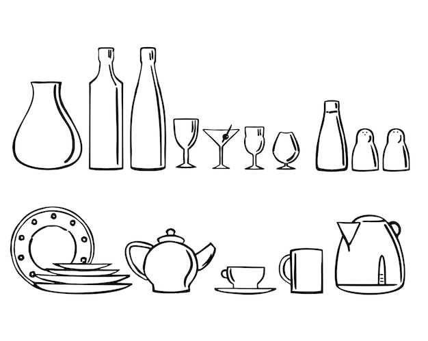 Conjunto de estantes utensilios de cocina negros gráficos Suministros de cocina en estantes Platos tazones botellas y otros