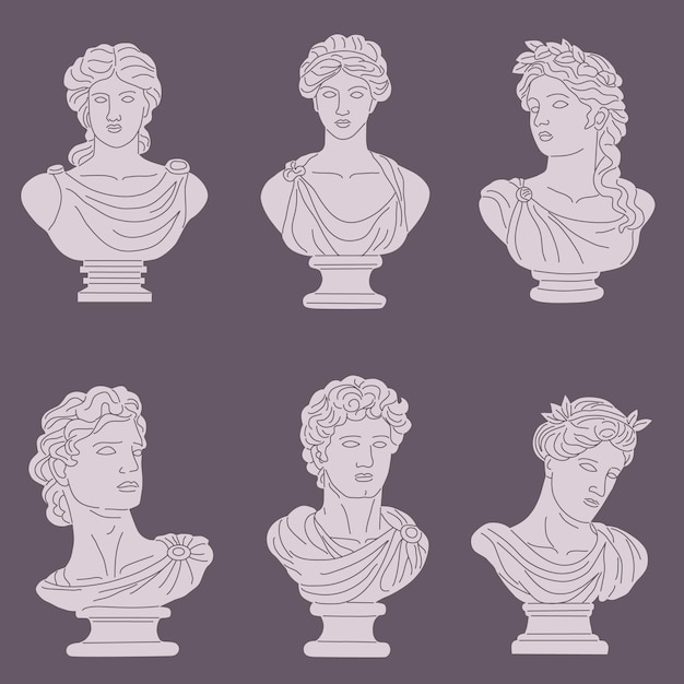 Conjunto de estatuas griegas antiguas decorativas de hombres y mujeres diosas y héroes