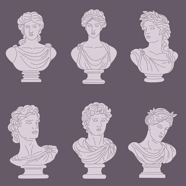 Vector conjunto de estatuas griegas antiguas decorativas de hombres y mujeres diosas y héroes